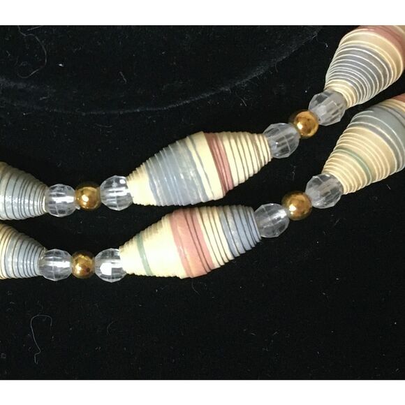 80s Vintage Lacquered Paper Swirl Beaded Necklace, Blue and Mauve - Picture 1 of 3